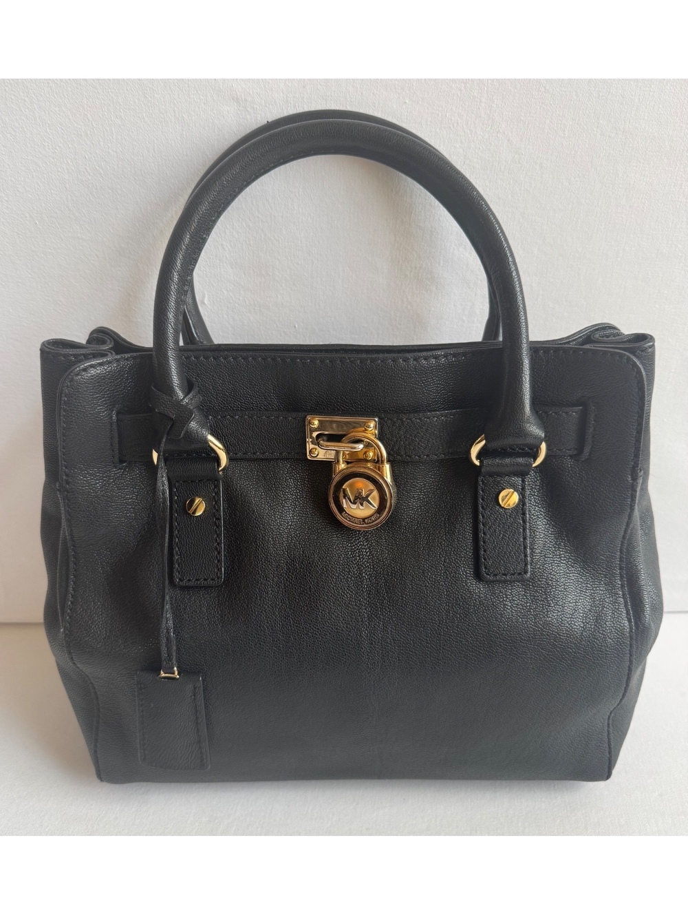Michael Kors Hamilton Black Pebbled Leather Satchel Handbag Gold MK Padlock